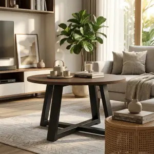 Coffee Table Bulat Top Kayu Kaki Besi A-Frame [5]