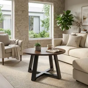 Coffee Table Bulat Top Kayu Kaki Besi A-Frame [6]