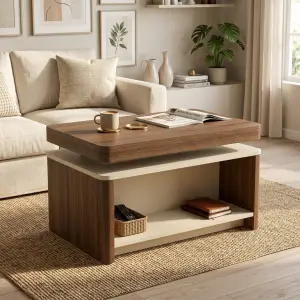 Coffee Table Dua Tingkat Walnut Cream dengan Rak Terbuka