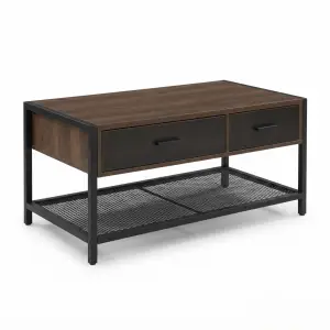 Coffee Table Industrial Kayu 2 Laci Rangka Besi Rak Mesh