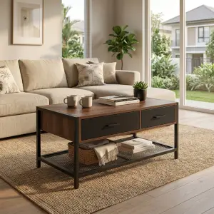 Coffee Table Industrial Kayu 2 Laci Rangka Besi Rak Mesh [2]