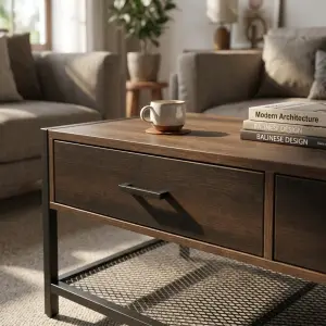 Coffee Table Industrial Kayu 2 Laci Rangka Besi Rak Mesh [3]