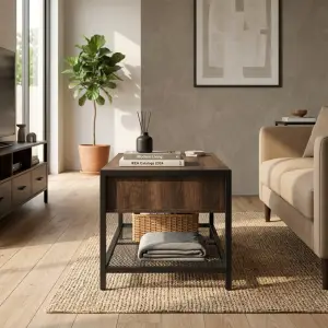 Coffee Table Industrial Kayu 2 Laci Rangka Besi Rak Mesh [5]