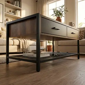 Coffee Table Industrial Kayu 2 Laci Rangka Besi Rak Mesh [6]