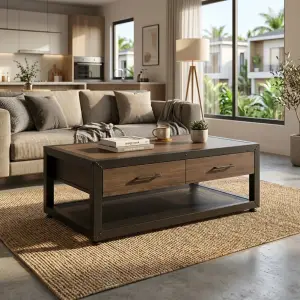 Coffee Table Industrial Kayu Besi dengan Laci dan Rak Penyimpanan