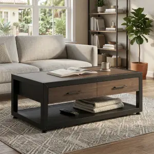 Coffee Table Industrial Kayu Besi dengan Laci dan Rak Penyimpanan [2]