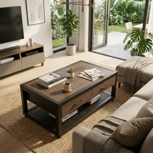 Coffee Table Industrial Kayu Besi dengan Laci dan Rak Penyimpanan [3]