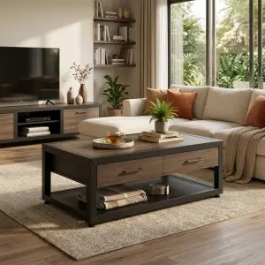 Coffee Table Industrial Kayu Besi dengan Laci dan Rak Penyimpanan [4]