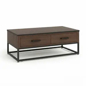 Coffee Table Kayu 2 Laci Kaki Besi Industrial