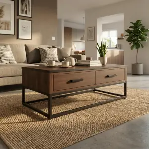 Coffee Table Kayu 2 Laci Kaki Besi Industrial [2]