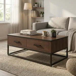Coffee Table Kayu 2 Laci Kaki Besi Industrial [5]