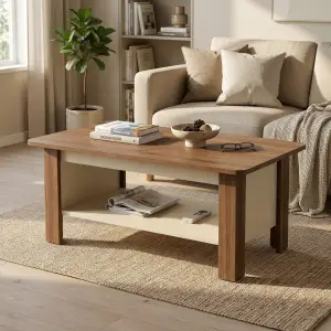 Coffee Table Kayu Dua Tingkat dengan Rak Penyimpanan