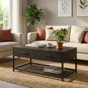 Coffee Table Kayu Laci Ganda Rangka Besi Industrial [2]