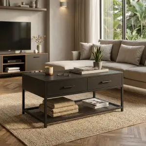 Coffee Table Kayu Laci Ganda Rangka Besi Industrial [4]