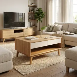 Coffee Table Kayu Skandinavian dengan Laci dan Rak Terbuka [2]