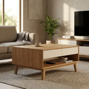 Coffee Table Kayu Skandinavian dengan Laci dan Rak Terbuka [3]