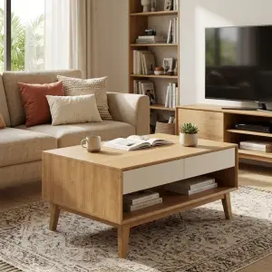 Coffee Table Kayu Skandinavian dengan Laci dan Rak Terbuka [4]
