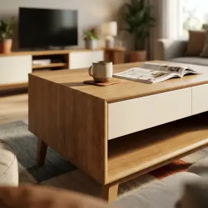 Coffee Table Kayu Skandinavian dengan Laci dan Rak Terbuka [5]