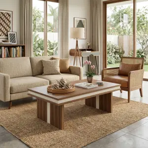 Coffee Table Kayu Walnut Aksen Krem Panel Kaki Solid