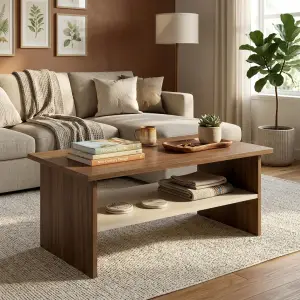 Coffee Table Kayu Walnut dengan Rak Penyimpanan
