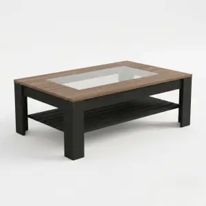 Coffee Table Kayu Walnut Top Kaca dengan Rak Bawah