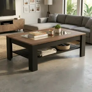 Coffee Table Kayu Walnut Top Kaca dengan Rak Bawah [2]