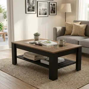 Coffee Table Kayu Walnut Top Kaca dengan Rak Bawah [3]