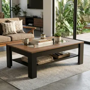 Coffee Table Kayu Walnut Top Kaca dengan Rak Bawah [5]