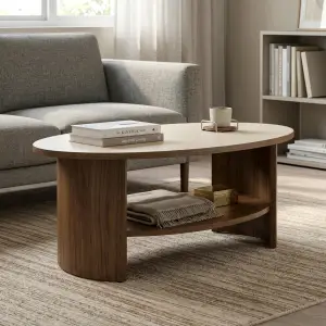Coffee Table Oval Dua Tingkat dengan Rak Bawah