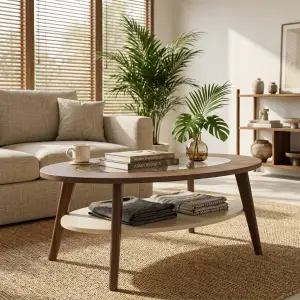 Coffee Table Oval Kayu Walnut dengan Insert Kaca dan Rak Bawah