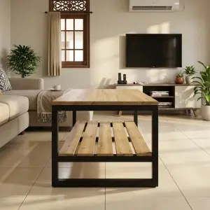 Coffee Table Rangka Besi dengan Rak Kayu Solid Dua Tingkat [3]