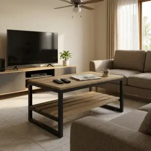 Coffee Table Rangka Besi dengan Rak Kayu Solid Dua Tingkat [4]