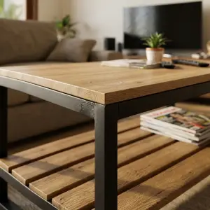 Coffee Table Rangka Besi dengan Rak Kayu Solid Dua Tingkat [6]