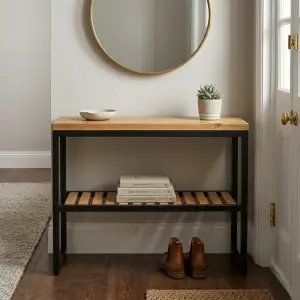 Console Table Besi Kayu dengan Rak Bawah Berlat
