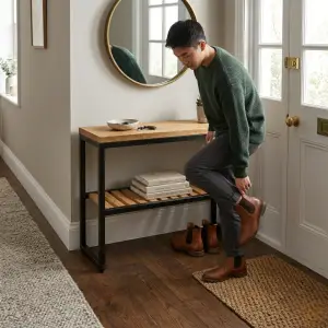 Console Table Besi Kayu dengan Rak Bawah Berlat [5]