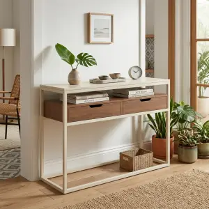 Console Table Rangka Besi Dua Laci Kayu Walnut