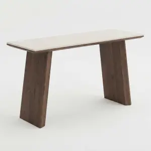 Console Table Top Batu Travertine Kaki Panel Kayu Walnut