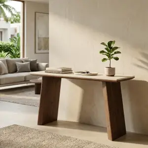 Console Table Top Batu Travertine Kaki Panel Kayu Walnut [4]
