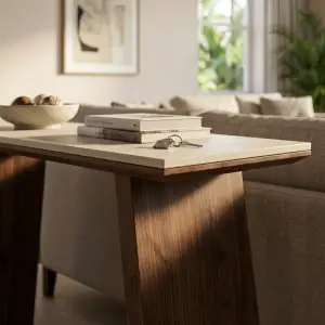 Console Table Top Batu Travertine Kaki Panel Kayu Walnut [5]