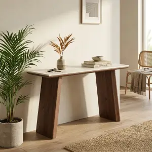 Console Table Top Batu Travertine Kaki Panel Kayu Walnut [6]