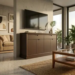 Credenza Kayu 4 Pintu dengan Laci — Lemari Sideboard Ruang Tamu & Lounge [4]