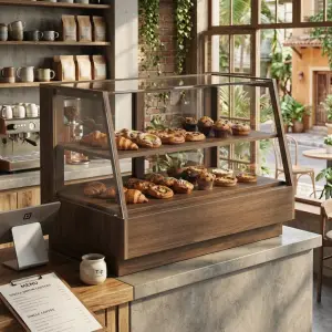 Etalase Kayu 2 Susun Kaca Miring untuk Bakery dan Cafe