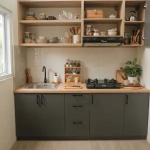 Kitchen Cabinet Bawah dengan Rak Dinding Terbuka Gaya Japandi