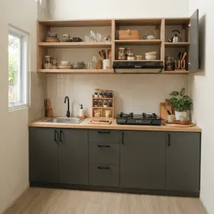 Kitchen Cabinet Bawah dengan Rak Dinding Terbuka Gaya Japandi [4]