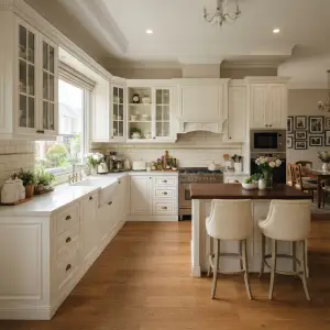 Kitchen Cabinet Klasik Putih dengan Island dan Kabinet Kaca