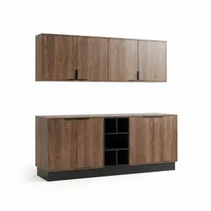 Kitchen Cabinet Set Walnut dengan Open Shelf dan Wall Cabinet