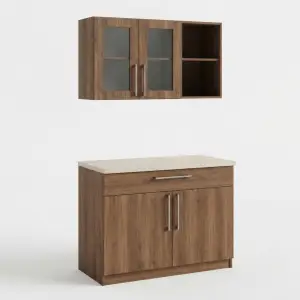 Kitchen Cabinet Set Walnut dengan Wall Cabinet Pintu Kaca