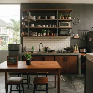 Kitchen Set Industrial Kayu Besi dengan Open Shelf dan Top Beton