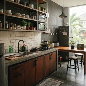 Kitchen Set Industrial Kayu Besi dengan Open Shelf dan Top Beton [2]