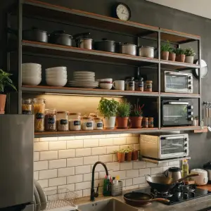 Kitchen Set Industrial Kayu Besi dengan Open Shelf dan Top Beton [3]